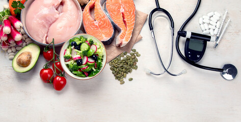 World diabetes day and healthcare concept. Diabetic measurement set, measure tape and healthy food.