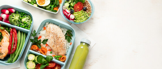 Different types healthy meals in containers, Takeout food menu, top view, copy space