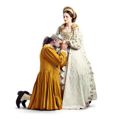 King, kneeling and queen by man and woman in stage, theater performance on isolated transparent png...