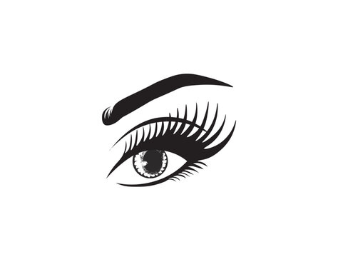 Beautiful woman eye close-up, thick long eyelashes, black and white vector illustration. Eyelash or lash mascara vector icons, eyelash, lash, mascara, long, false, background, abstract, logo, art