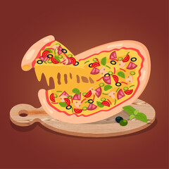 delicious pizza on a board with a slice separated