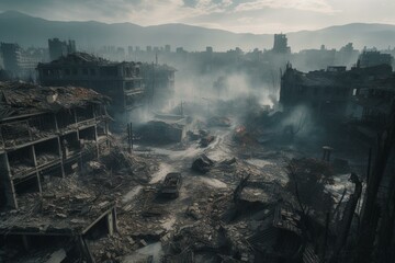 Naklejka premium A city devastated by earthquake with ruined buildings, debris, rubble, smoke. Generative AI