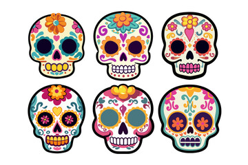A collection of 6 colorful cartoon sugar skulls, perfect for Day of the Dead celebrations