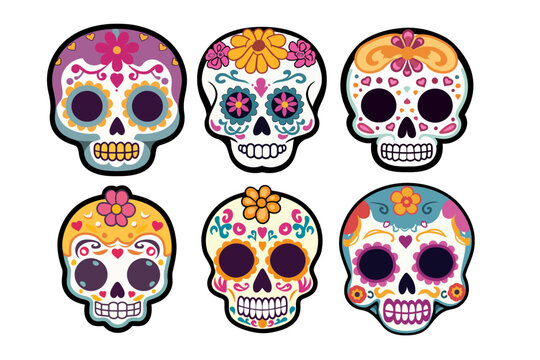 A collection of 6 colorful cartoon sugar skulls, perfect for Day of the Dead celebrations