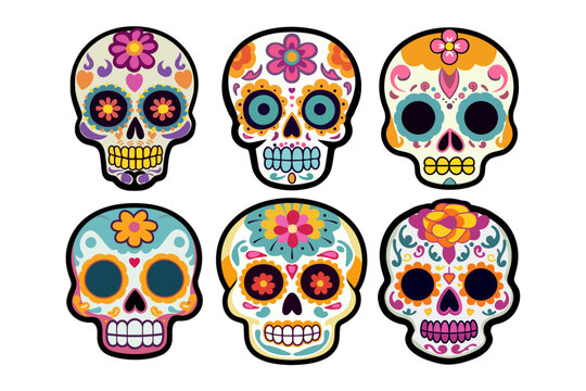 A collection of 6 colorful cartoon sugar skulls, perfect for Day of the Dead celebrations