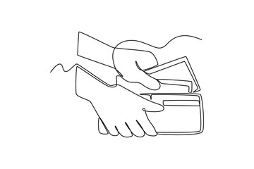 Continuous one line drawing hand taking money from wallet. financial literacy concept. Single line draw design vector graphic illustration.