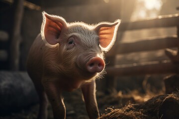 A joyful piglet basks in sunlight on a livestock farm banner showcasing agriculture industry and generation AI. Generative AI