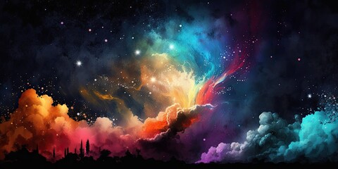 Fototapeta na wymiar Colorful abstract explosion in space. Nebula alien cloud. Universe painting watercolor sponge paint. 