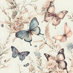 seamless pattern with butterflies, seamless pattern , beautiful boho butterflies with wild flowers, light pastel colors, seamless wallpaper pattern, Ai Generate 