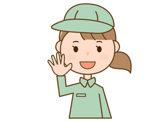 手を上げて笑顔で挨拶をする作業服を着た女性作業員_配達員_清掃員のイラスト