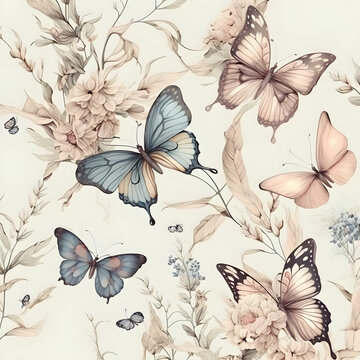 seamless pattern with butterflies, seamless pattern , beautiful boho butterflies with wild flowers, light pastel colors, seamless wallpaper pattern 