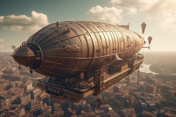 A massive airship with a steampunk design soaring above a golden city. Generative AI
