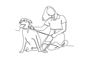 Continuous one line drawing dog with its owner. Urban pets concept. Single line draw design vector graphic illustration.