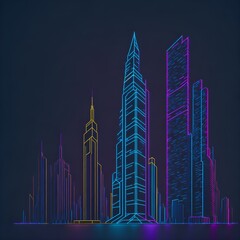 3d rendering, colorful neon curvy line city skyscraper glowing in the dark. Minimalist wallpaper with linear light stroke