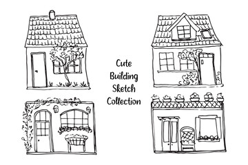 Cute Building Sketch Line Collection
