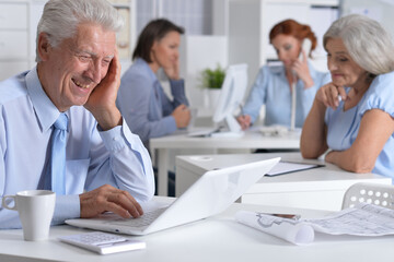 Senior businessman using laptop in light office