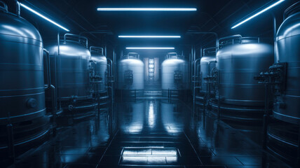 Huge warehouse with giant stainless steel tanks. Industrial production of alcohol drink. Generative AI