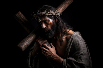Jesus Christ wearing crown of thorns and carrying the cross. Portrait of suffering Jesus Christ carrying the cross. Generative AI - obrazy, fototapety, plakaty