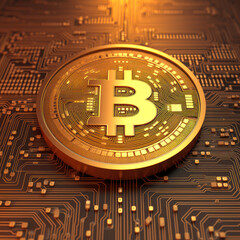 Fototapeta na wymiar Bitcoin logo on mother chip silicon transistor. Bitcoin currency. Network bitcoin. Bitcoin with technological golden background. Generative AI