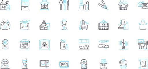 Room styling linear icons set. minimalism, colors, functionality, texture, lighting, comfort, aesthetics line vector and concept signs. statement,balance,cozy outline illustrations