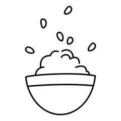 Rice bowl drawing. Doodle asian food icon. Black line vector illustration isolated on white background.
