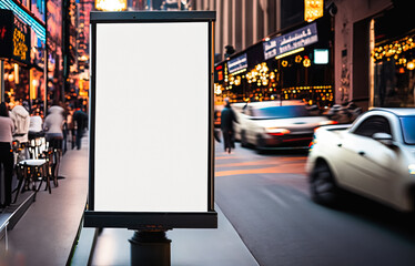 Attention-grabbing advertisement light box billboard featuring an empty white signboard for product advertisement, set against the backdrop of a street market in New York City, Generative AI