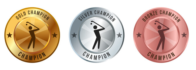 Golf competition tee ball golfing golfer golden emblem medallion medal winner champion badge round graphic silver bronze