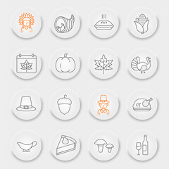 Fototapeta premium Thanksgiving line icon set, autumn collection, vector graphics, neumorphic UI UX buttons, Thanksgiving day vector icons, holiday signs, outline pictograms, editable stroke