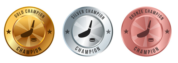 Ice hockey stick skating championship puck icon gold sliver bronze emblem medal medal medallion shiny graphic