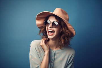 Fototapeta premium Happy emotions concept. Positive beautiful young woman laughs poisitively looks aside with carefree face expression wears casual style isolated over studio background. Generative AI
