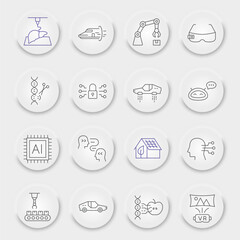 Future technology line icon set, innovation symbols collection, vector sketches, neumorphic UI UX buttons, technologies icons, robotization signs linear pictograms