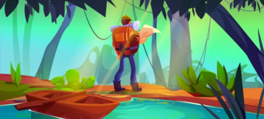 Foto op Plexiglas Jungle forest landscape with trees and tourist. Nature scenery of tropical rainforest with river, wooden boat, grass, lianas and man with backpack and map, vector cartoon illustration © klyaksun