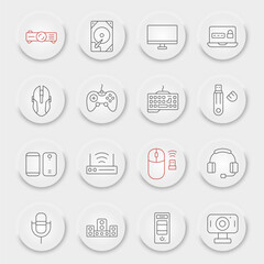 Fototapeta premium Devices line icon set, technology symbols collection, vector sketches, neumorphic UI UX buttons, devices signs linear pictograms