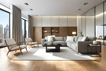 Naklejka na ściany i meble Interior design of a living room with a minimalist design, featuring simple furniture, clean lines, and a monochromatic color scheme | Generative AI