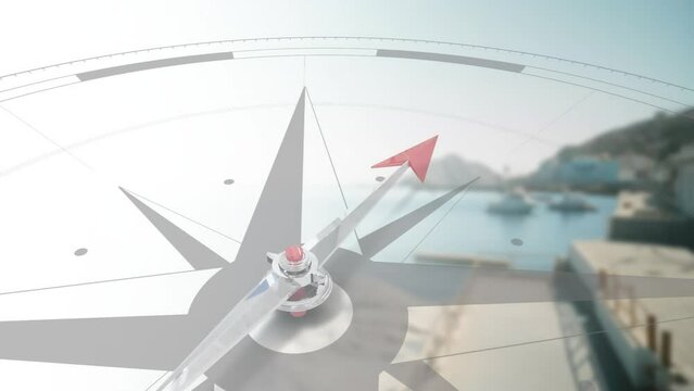 Animation of compass moving over boats at coast and port