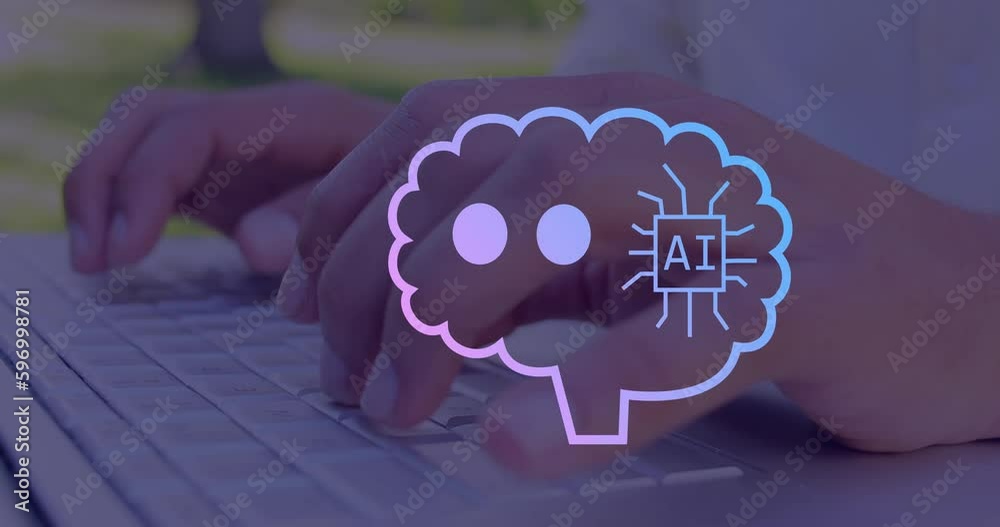 Poster animation of ai text, icons and data processing over caucasian man using laptop