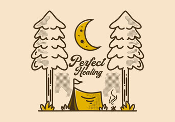 Two big pine trees and camping tent in vintage style drawing