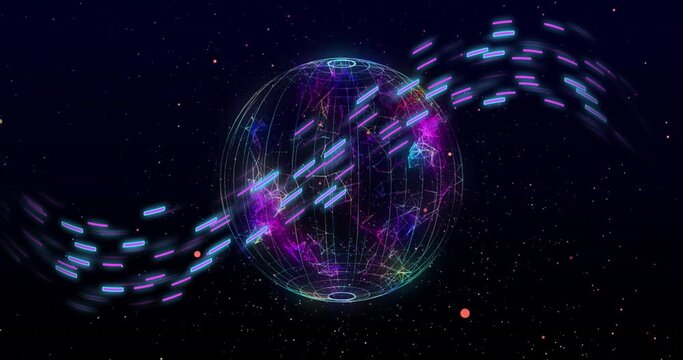 Animation of glowing light trails of data transfer over globe moving in fast motion