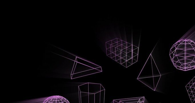 Animation of glowing 3d shapes moving on black background