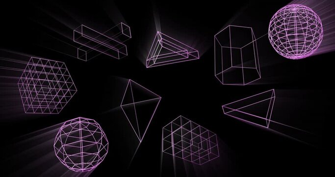 Animation of glowing 3d shapes moving on black background