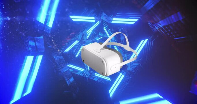 Animation of vr headset over glowing neon lights