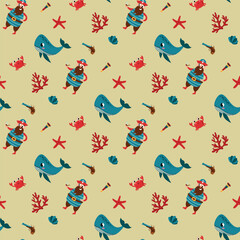 Seamless pattern with pirates, cute whales and crabs. Design for fabric, textile, wallpaper, packaging.	