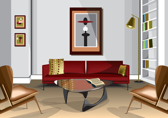 stylish contemporary minimalistic interior of the living room with red sofa and modern wooden armchairs.