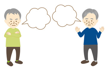 腕組みをしたシニアの男性とトラブル事を身振り手振りで伝えるシニアの男性（吹き出し付）