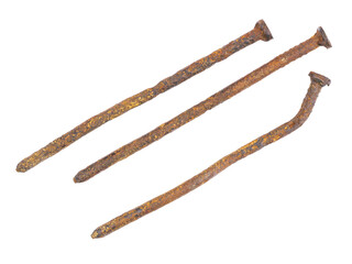 Old deformed and rusted nails close-up, isolated on transparent background