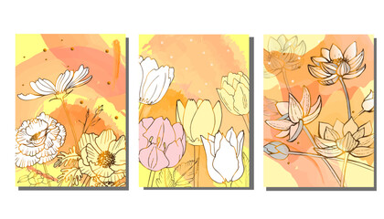 Golden background flowers and herbs vector poster. luxurious floral art deco. golden natural pattern