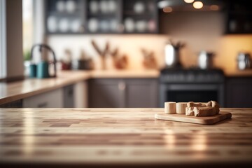 Obraz na płótnie Canvas Minimalist Wooden Table in Kitchen with Blurred Background. Generative Ai