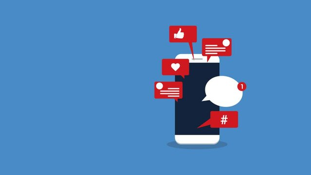 Viral content, social activity and smm - likes, shares and comments popping up on the mobile screen. HD animation	