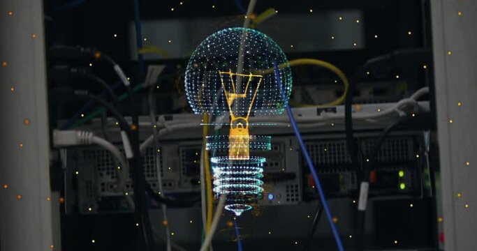 Animation of light bulb and data processing with connections over computer server