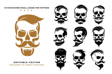 Mustached Skull Logos for Tattoos Pack x10